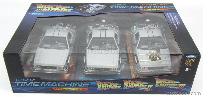 Welly De lorean Set 3 X Time Machine - Back To The Future 1 - 2 - 3 - Ritorno Al Futuro 1 - 2 - 3 1:24 Silver