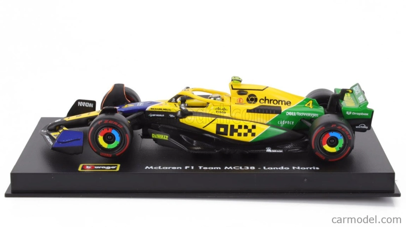Bburago Mclaren F1  Mcl38 Team Mclaren N 4 4th Monaco Gp (senna 30th Anniversary) 2024 Lando Norris - With Pilot And Showcase 1:43 Žlutá Zelená Černá