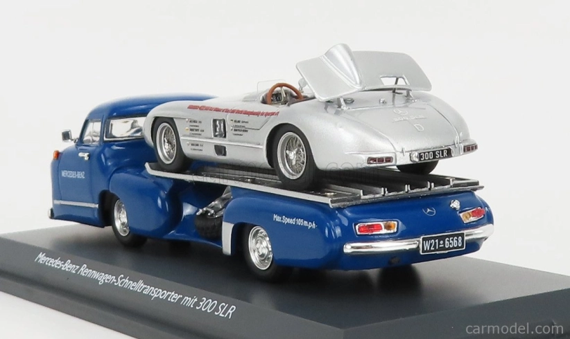 Schuco Mercedes benz Racing Car Transporter Truck Rennwagen 1955 With 300 Slr Spider 1:43 Modrá Stříbrná
