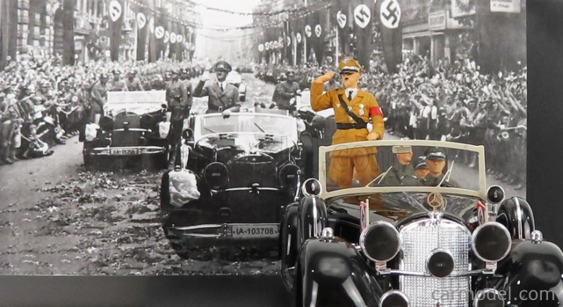 Rio-models Mercedes benz 770k Parade Cabriolet Open 1938 With Figures Adolf Hitler - Hermann Göring - Heinrich Himmler - Reinard Heydrich - Joseph Goebbels - Ss Driver Erich Kempka 1:43 Military Black