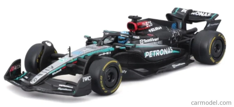 Bburago Mercedes gp F1  W15 Eq Performance Team Amg Petronas Motorsport N 63 Season 2024 George Russell - With Pilot And Showcase 1:43 Černá Stříbrná Zelená