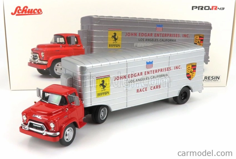 Schuco GMC Truck Car Transporter Team John Edgard Enterprises Inc. Los Angeles California Ferrari - Porsche Race Cars 1950 1:43 Červená Stříbrná