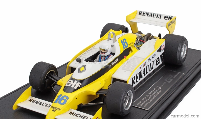 Gp-replicas Renault F1 Rs10 Team Renault Elf N 16 Fastest Lap 3rd French Gp (with Pilot Figure) 1979 Rene Arnoux - Con Vetrina - With Showcase 1:18 Žlutá Bílá