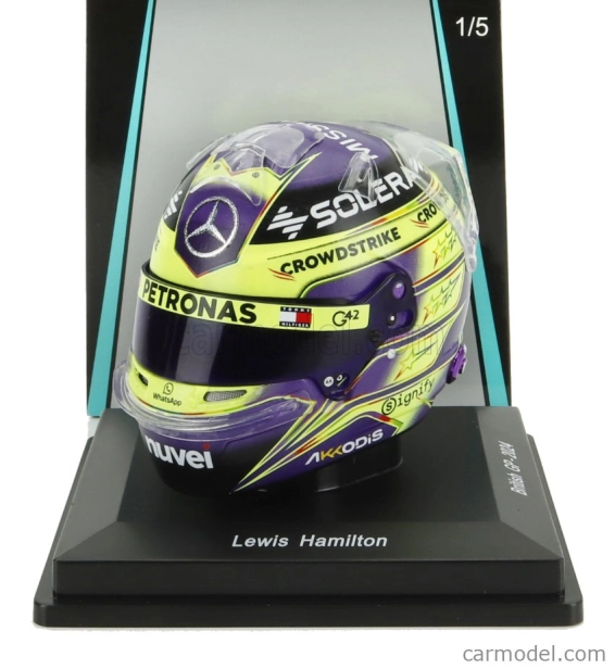 Spark-model Bell helmet Casco Helmet F1 Lewis Hamilton Team Mercedes Amg Petronas Motorsport Formula One N 44 Winner British Gp 2024 1:5 Fialově Žlutá