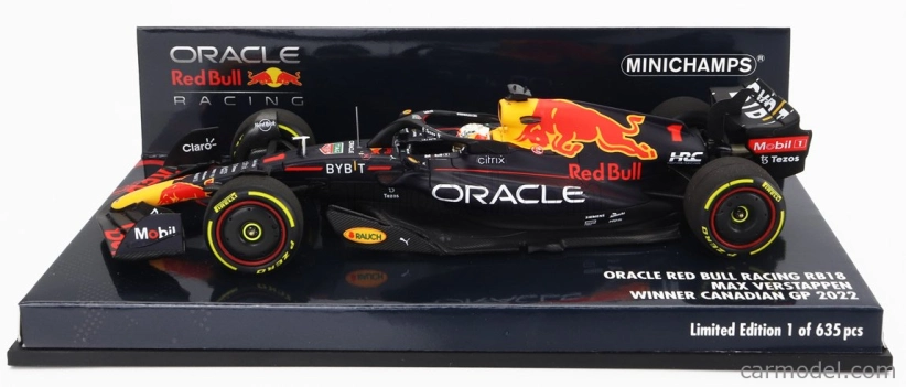 Minichamps Red bull F1 Rb18 Team Oracle Red Bull Racing N 1 Winner Canadian Gp World Champion 2022 Max Verstappen 1:43 Matná modrá žltá červená