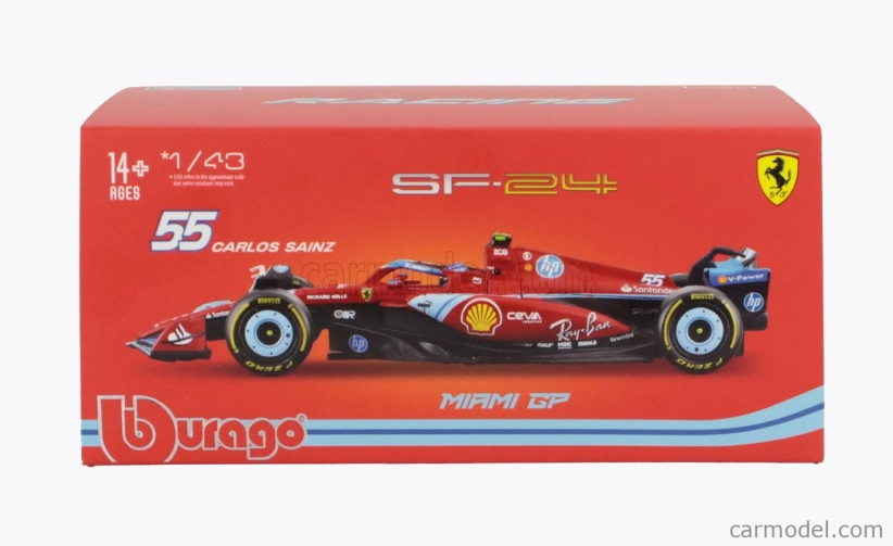 Bburago Ferrari F1 Sf-24 Team Scuderia Ferrari N 55 5th Miami Gp 2024 Carlos Sainz – With Pilot And Showcase 1:43 červená čierna svetlomodrá