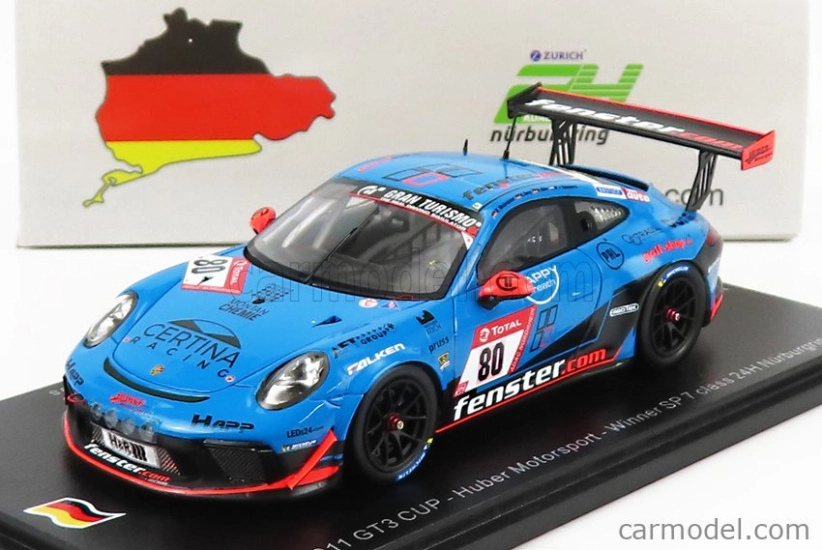 Spark-model Porsche 911 991-2 Gt3 Cup Team Huber Motorsport N 80 Winner Sp7 Class 24h Nurburgring 2021 H.wehrmann - U.berg - M.van Ramshorst - A.mies 1:43 Modrá Černá