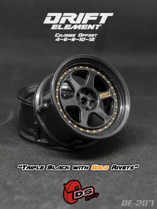ROZBALENÉ – Disky DS Racing Drift Element 6 Spoke, trojité, čierne so zlatými nitmi, 2 ks