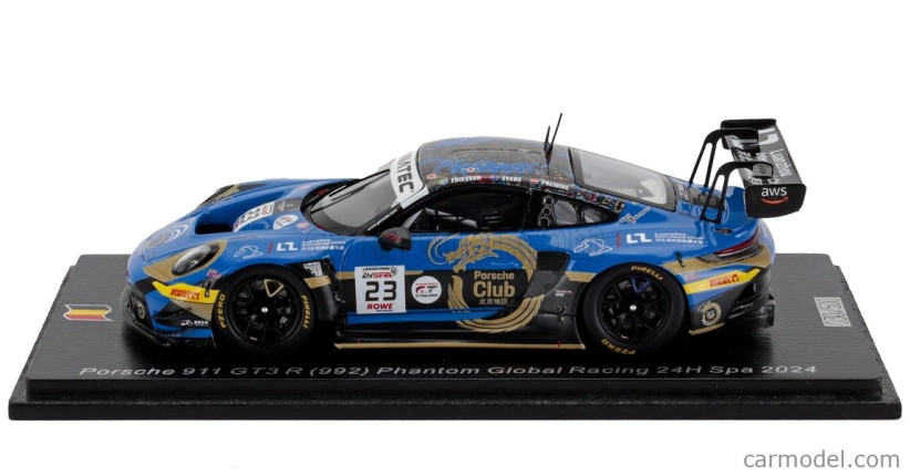 Spark-model Porsche 911 992 Gt3 R 4.2l Team Phantom Global Racing N 23 24h Spa 2024 Jaxon Evans - Joel Eriksson - Thomas Preining 1:43 Modrá