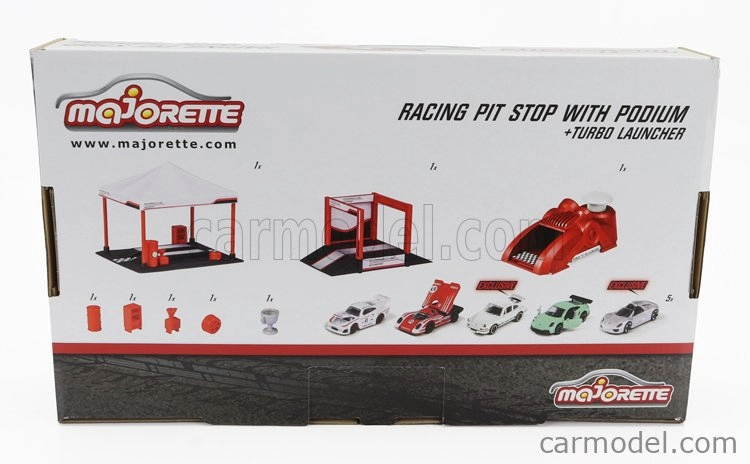 Majorette Porsche Set Area Service Canopy + Podio Podium + Lanciatore + 5x Porsche 1:64 Různé