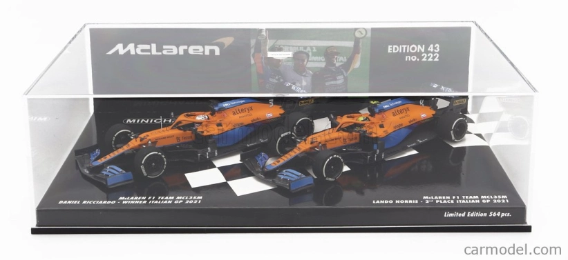 Minichamps Mclaren F1 Set 2x Coffret Mcl35l Mercedes M12 Eq Power+ Team Mclaren N 3 Winner Italy Gp 2021 Daniel Ricciardo + N 4 2nd Italy Gp 2021 Lando Norris 1:43 Orange Light Blue