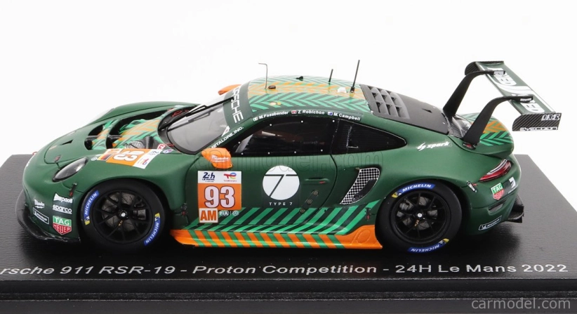 Spark-model Porsche 911 991 Rsr-19 4.2l Team Proton Competition N 93 24h Le Mans 2022 Michael Fassbender - Matt Campbell - Zacharie Robichon 1:43 Zelená Černá