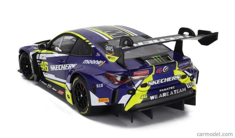 Minichamps BMW radu 4 M4 Gt3 Team Wrt N 46 Víťaz Gtwce Gt World Challenge Europe Sprint Cup Misano Taliansko 2023 - Valentino Rossi - Maxime Martin 1:18 Fialová Žltá Čierna