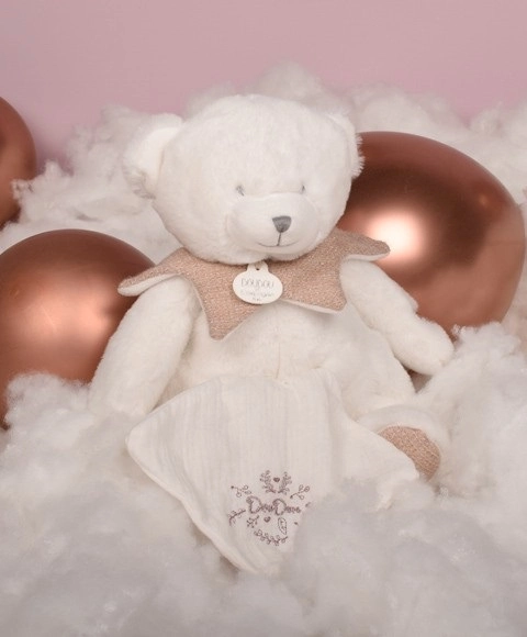 Doudou Darčeková sada Plyšový medvedík s dečkou 30 cm ružový
