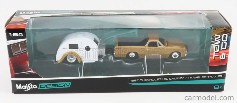 Maisto Chevrolet El Camino Pick-up With Trailer Roulotte 1967 1:64 zlato-biela