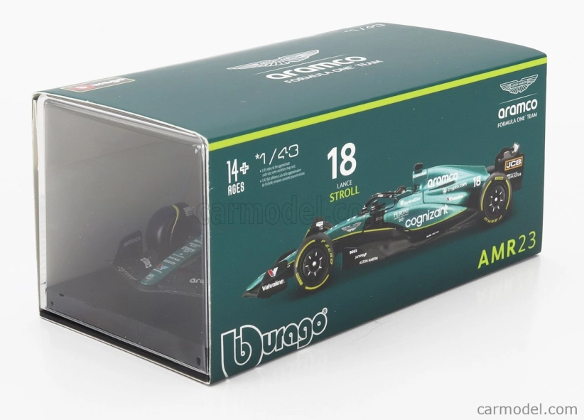 Bburago Aston martin F1 Amr23 Team Aramco Cognizant N 18 Season 2023 Lance Stroll – With Pilot And Showcase 1:43 zelená