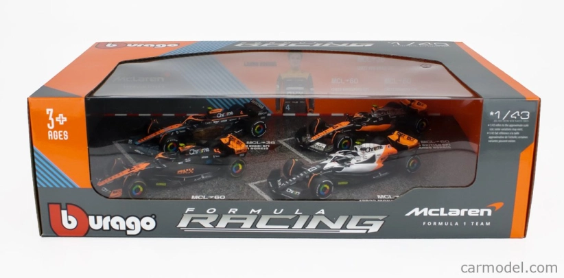 Bburago Mclaren F1 Set 4x – Team Mclaren Mcl36 N 4 Abu Dhabi Gp 2022 – Mcl60 N 4 Singapore Gp - Monaco Gp – British Gp 2023 Lando Norris 1:43 oranžová čierna biela