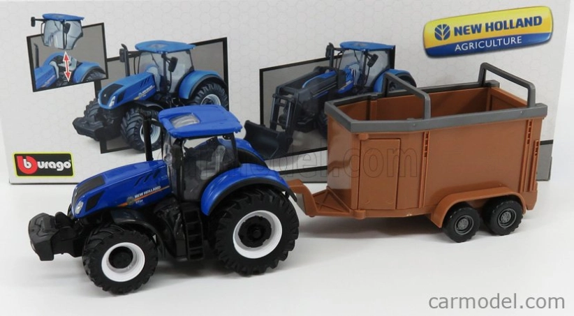 Bburago New holland T7.315 Tractor + Livestock Forwarder 1:50 Modrá Hnědá