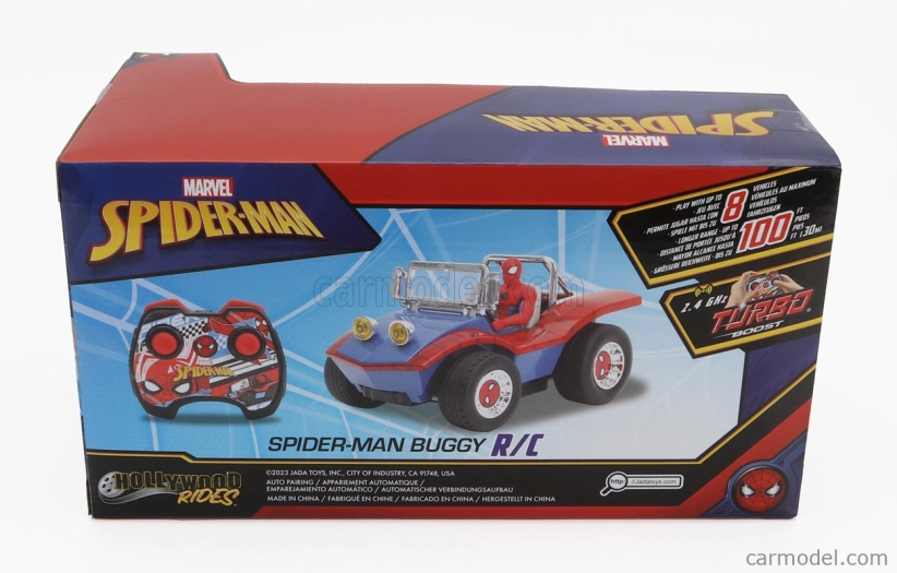 Jada Mayers manx Buggy With Spiderman Figure Marvel 1964 1:24 Modrá Červená
