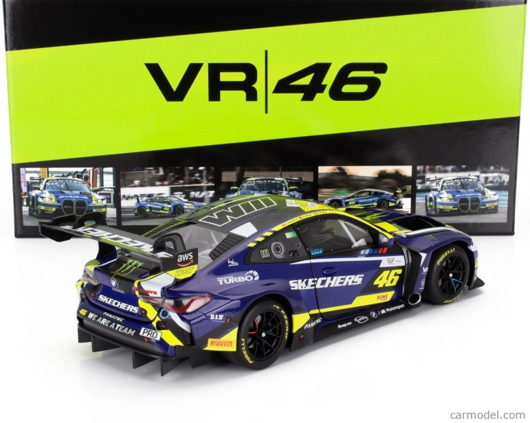 Minichamps BMW radu 4 M4 Gt3 Team Wrt N 46 4h Le Castellet 2024 Valentino Rossi - Maxime Martin - Raffaele Marciello 1:18 Modrá Žltá Čierna