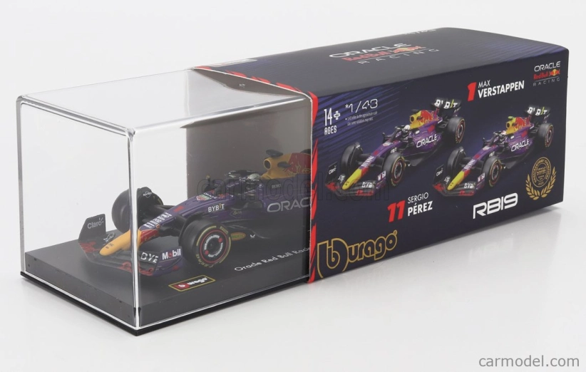 Bburago Red bull F1 Rb19 Team Oracle Red Bull Racing N 1 Víťaz majstrovstiev sveta Las Vegas Usa Gp 2023 Max Verstappen - s pilotom a vitrínou 1:43 Purple Yellow Red