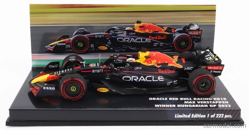 Minichamps Red bull F1 Rb18 Team Oracle Red Bull Racing N 1 Majster sveta Víťaz Hungarian Gp 2022 Max Verstappen 1:43 Matná modrá žltá červená