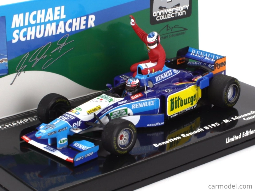 Minichamps Benetton F1 B195 Team Mild Seven Renault N 1 Majster sveta 5. Gp Kanady 1995 Michael Schumacher a Jean Alesi Taxi Ride Figúrky 1:43 Modrá Žltá