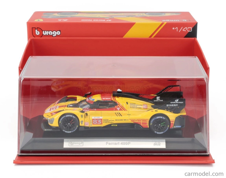 Bburago Ferrari 499p 3.0l Turbo V6 Team Af Corse N 83 24h Le Mans 2024 Robert Kubica – Robert Shwartzman – Yifei Ye – With Showcase 1:43 žltá červená
