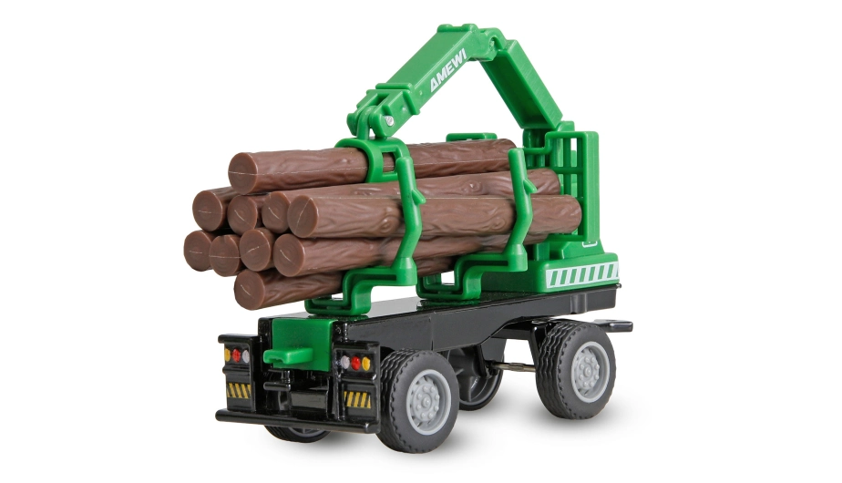 Kovový RC traktor s prívesom na drevo a nakladacím žeriavom 1:64 RTR zelený, 3 rýchlostné stupne, LED svetlá