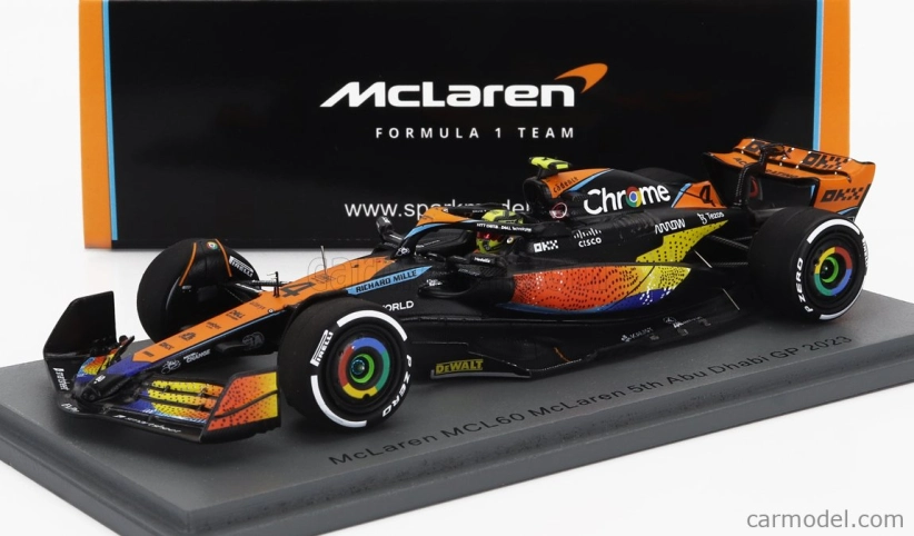 Spark-model Mclaren F1 Mcl60 Team Mclaren N 4 5th Abu Dhabi Gp 2023 Lando Norris 1:43 Orange Blue Black