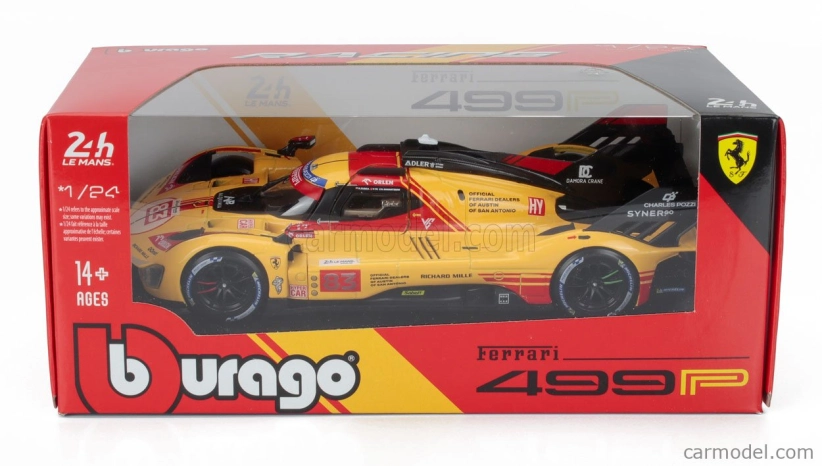 Bburago Ferrari 499p 3.0l Turbo V6 Team Af Corse N 83 24h Le Mans 2024 Robert Kubica – Robert Shwartzman – Yifei Ye 1:24 žltá červená