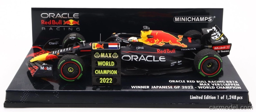 Minichamps Red bull F1 Rb18 Team Oracle Red Bull Racing N 1 World Champion Winner Japan Gp With Pit Board 2022 Max Verstappen 1:43 Matná modrá žltá červená