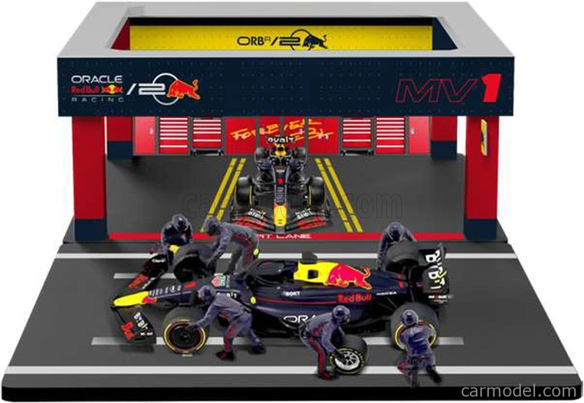 Bburago Red bull F1 Rb19 Diorama Garage Pit-stop Team Oracle Red Bull Racing N 1 World Champion Season 2023 Max Verstappen With Crew Figure And Accessories 1:43 Modrá Žlutá Červená