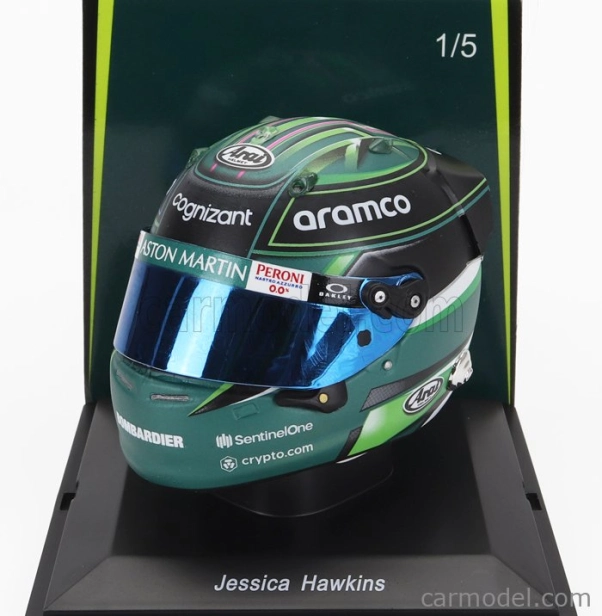 Spark-model Bell helmet F1 Casco Helmet Aston Martin Amr23 Team Aramco Cognizant N 0 F1 Test 2023 Jessica Hawkins 1:5 Zelená