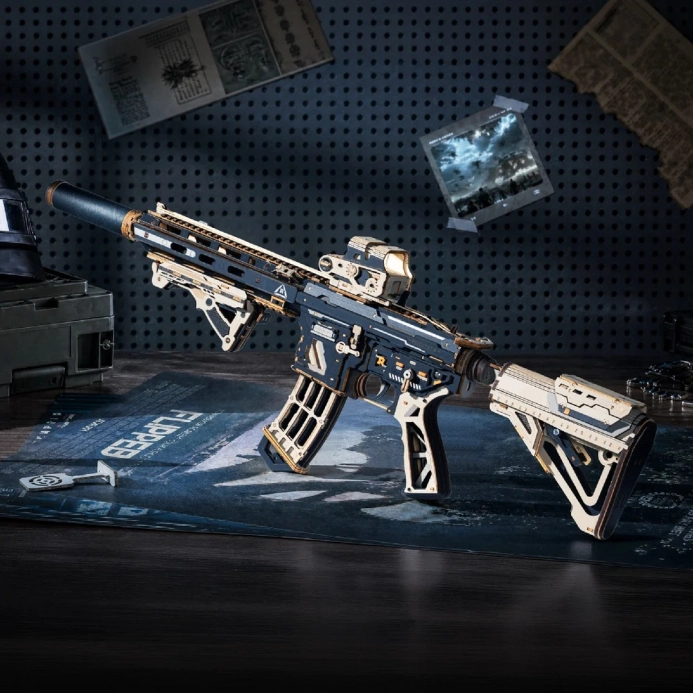 RoboTime 3D dřevěná skládačka Puška na vystřelování gumiček M416 Carbine
