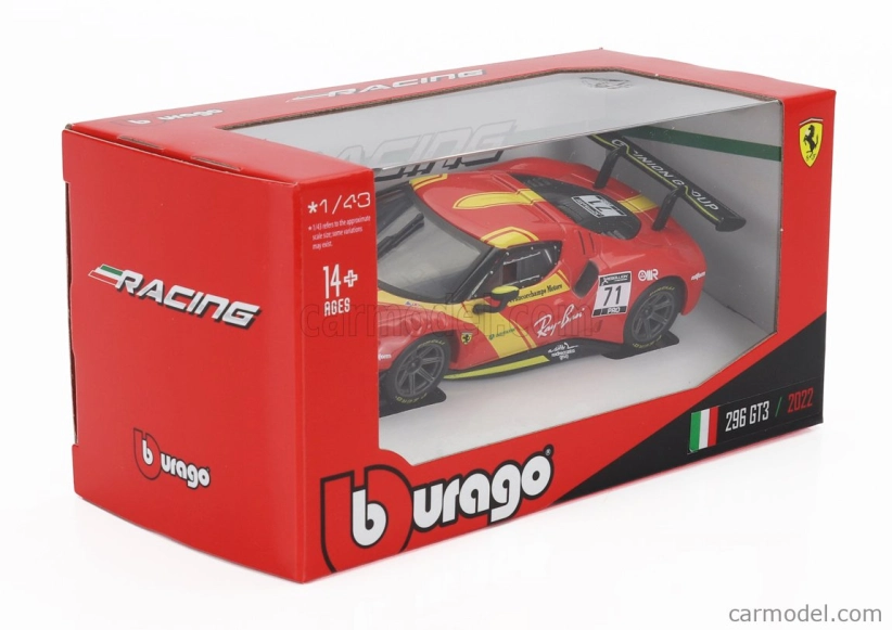 Bburago Ferrari 296 Gt3 3.0l Twin Turbo V6 N 71 Racing 2023 1:43 červená žltá