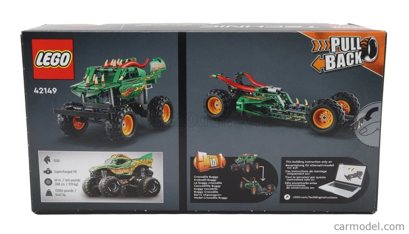 Lego Truck Lego Technic - 2 v 1 - Monster Jam Dragon Pull Back - 217 dielikov - zelená