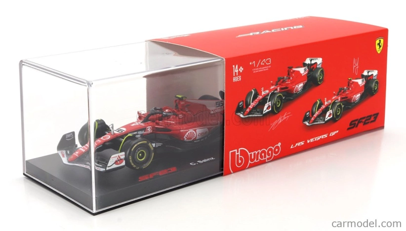 Bburago Ferrari F1 Sf-23 Team Scuderia Ferrari N 55 Las Vegas Usa Gp 2023 Carlos Sainz – With Pilot And Showcase 1:43 červená biela čierna