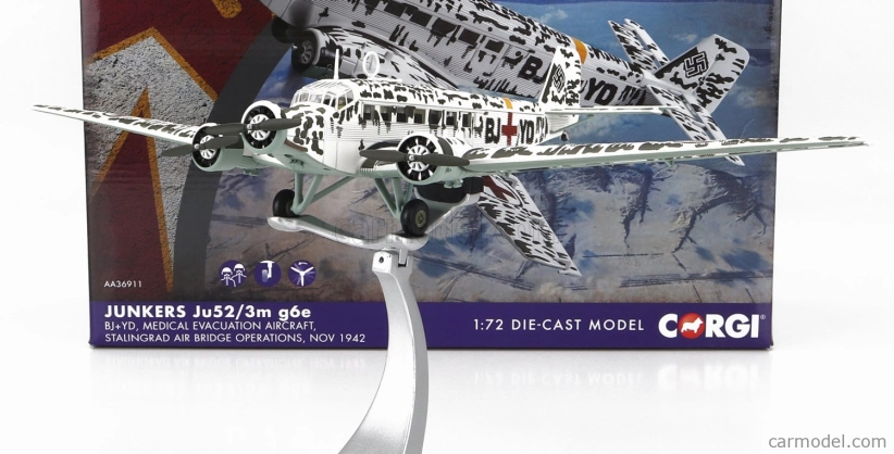 Corgi Junkers Ju52/3m G6e Military Medical Evacuation Airplane 1942 1:72 Bílá Černá