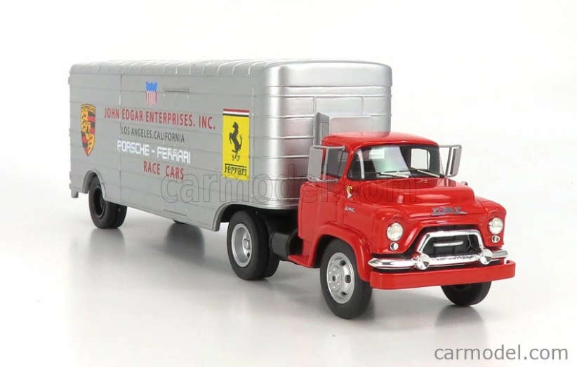 Schuco GMC Truck Car Transporter Team John Edgard Enterprises Inc. Los Angeles California Ferrari - Porsche Race Cars 1950 1:43 Červená Stříbrná