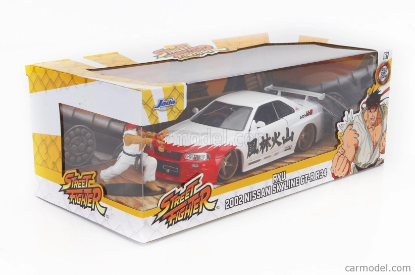 Jada Nissan Skyline Gt-r (r34) Advan 2002 With Street Fighter Ryu Figure 1:24 Bílá Červená