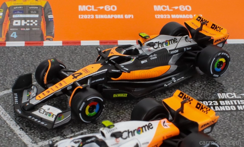 Bburago Mclaren F1 Set 4x – Team Mclaren Mcl36 N 4 Abu Dhabi Gp 2022 – Mcl60 N 4 Singapore Gp - Monaco Gp – British Gp 2023 Lando Norris 1:43 oranžová čierna biela
