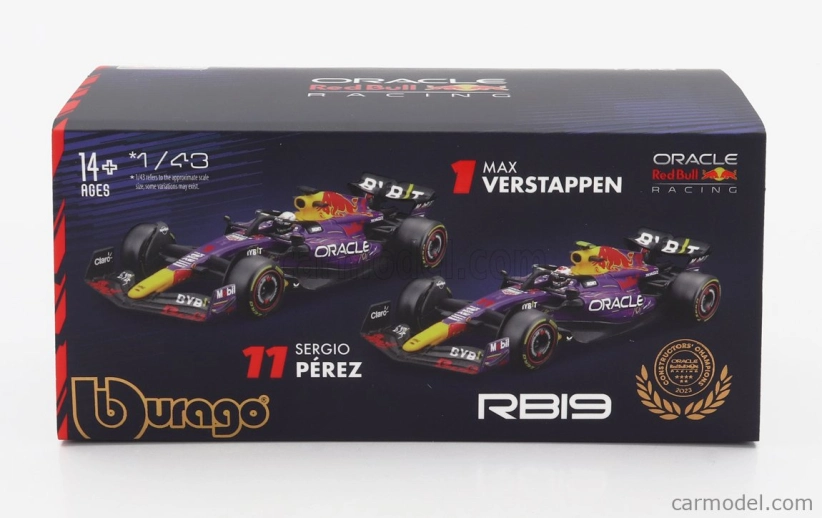 Bburago Red bull F1 Rb19 Team Oracle Red Bull Racing N 1 Víťaz majstrovstiev sveta Las Vegas Usa Gp 2023 Max Verstappen - s pilotom a vitrínou 1:43 Purple Yellow Red