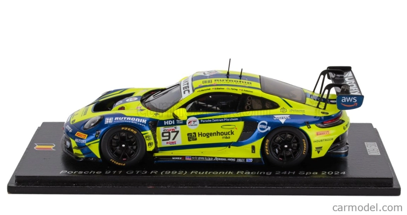 Iskrový model Porsche 911 992 Gt3 R 4.2l Team Rutronik Racing N 97 24h Spa 2024 Dustin Blattner - Richard Robichon - Dennis Marschall - Loek Hartog 1:43 Žltá Modrá
