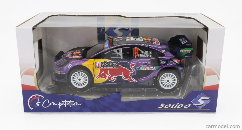 Solido Ford england Puma Rally1 Red Bull Team Ford World Rally M-sport N 19 Winner Rally Montecarlo 2022 S.loeb - I.galmiche 1:18 Purple Yellow Black