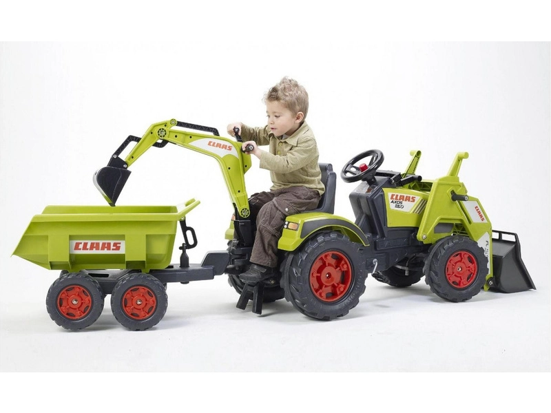 FALK – Šliapací traktor Claas Axos s nakladačom, rýpadlom a vlečkou