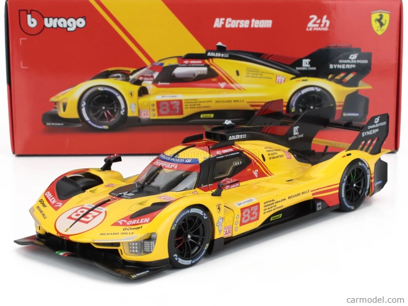 Bburago Ferrari 499p 3.0l Turbo V6 Team Af Corse N 83 24h Le Mans 2024 Robert Kubica – Robert Shwartzman – Yifei Ye 1:18 žltá červená