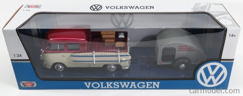 Motor-max Volkswagen T1 Type 2 Double Cabine With Trailer 1962 1:24 Červený Krém