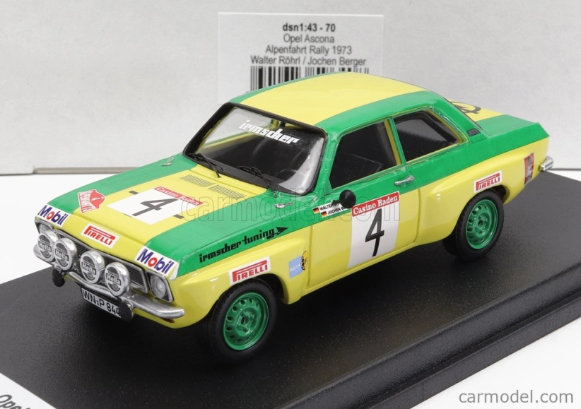 Trofeu Opel Ascona (nočná verzia) N 4 Rally Alpenfahrt 1973 W.rohrl - J.berger 1:43 Žltozelená