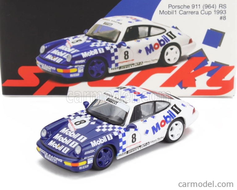 Spark-model Porsche 911 964 Rs Mobil1 N 8 Porsche Carrera Cup 1993 1:64 modrá biela